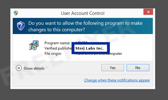 Screenshot where Storj Labs Inc. appears as the verified publisher in the UAC dialog